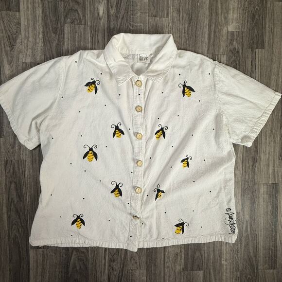 Laurie Jo Designs Bee Print Button Shirt White 2XL Top Cottagecore Art - Picture 1 of 7
